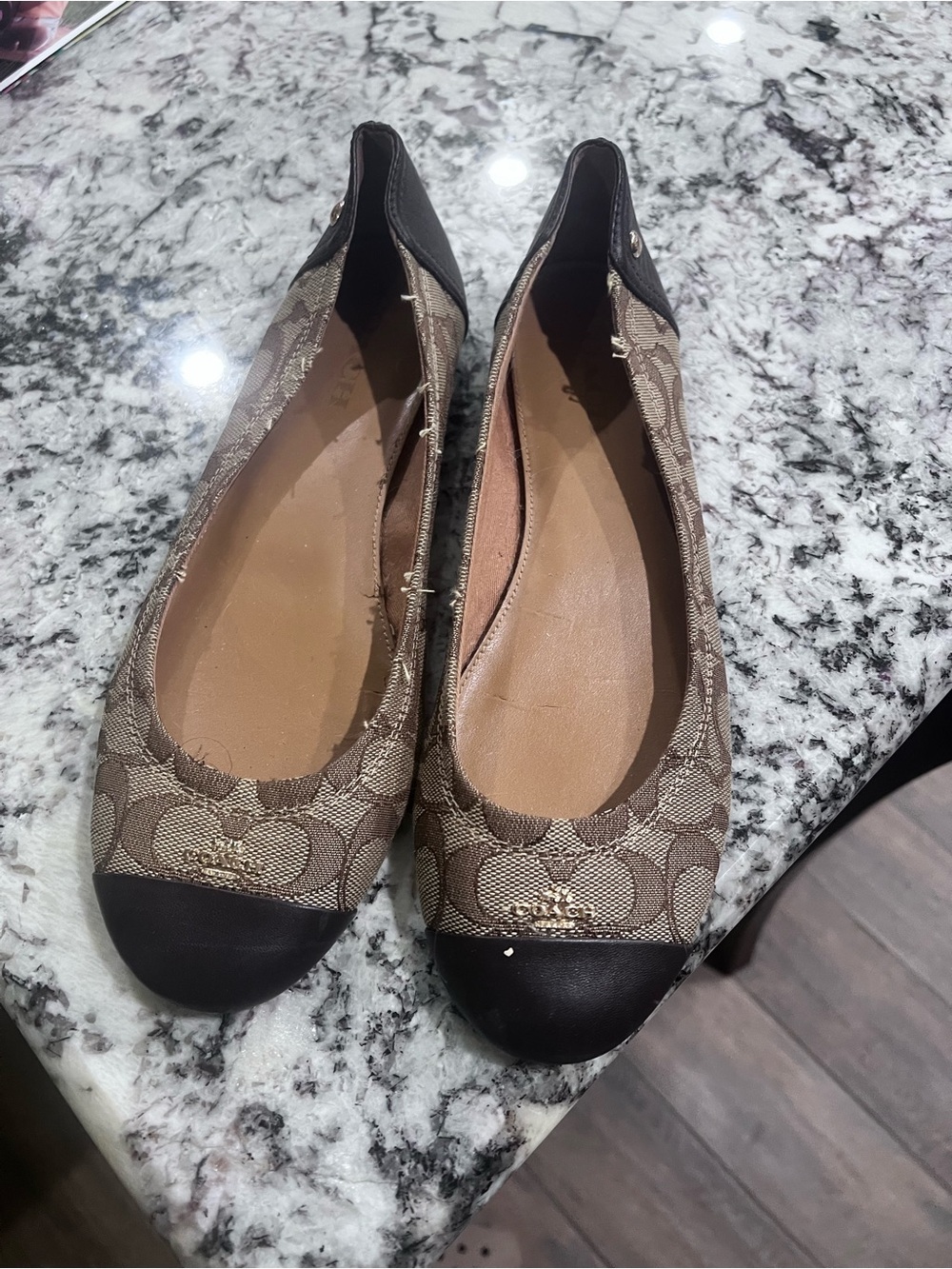Coach Brown Signature Canvas Flats with Black Cap Toe